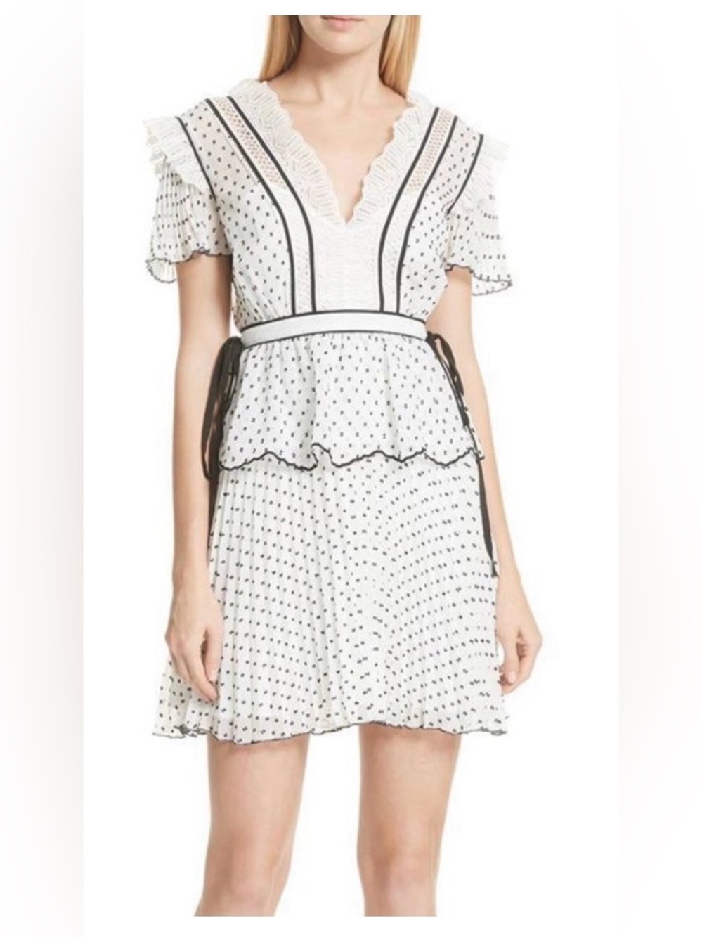 Self-Portrait White Mini Dress with Black Polka Dots and Trim, US8 - Picture 3 of 14